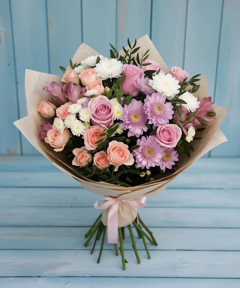 Букет цветов из: Хризантемы, Розы и Альстромерии в Чиколе