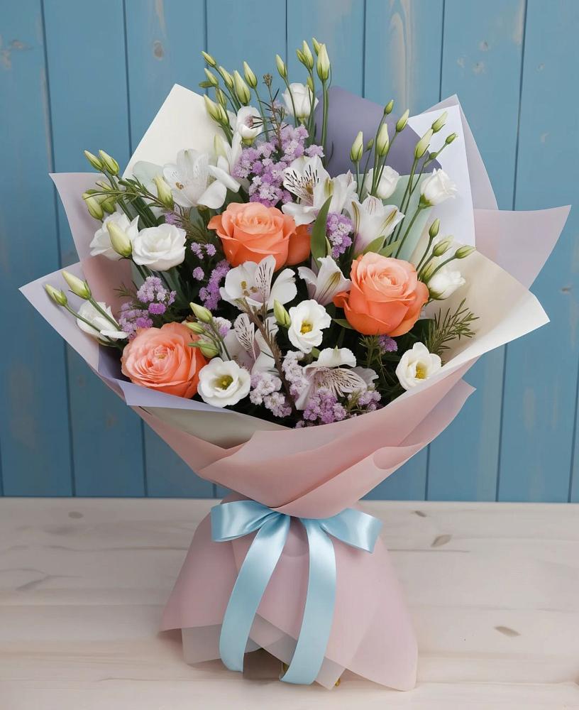 Букет цветов из: Лизиантусы, Розы, Альстромерии и Гипсофила в Чиколе