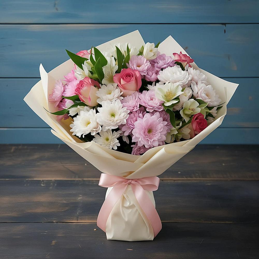 Букет цветов из: Хризантемы, Альстромерии и Розы в Чиколе